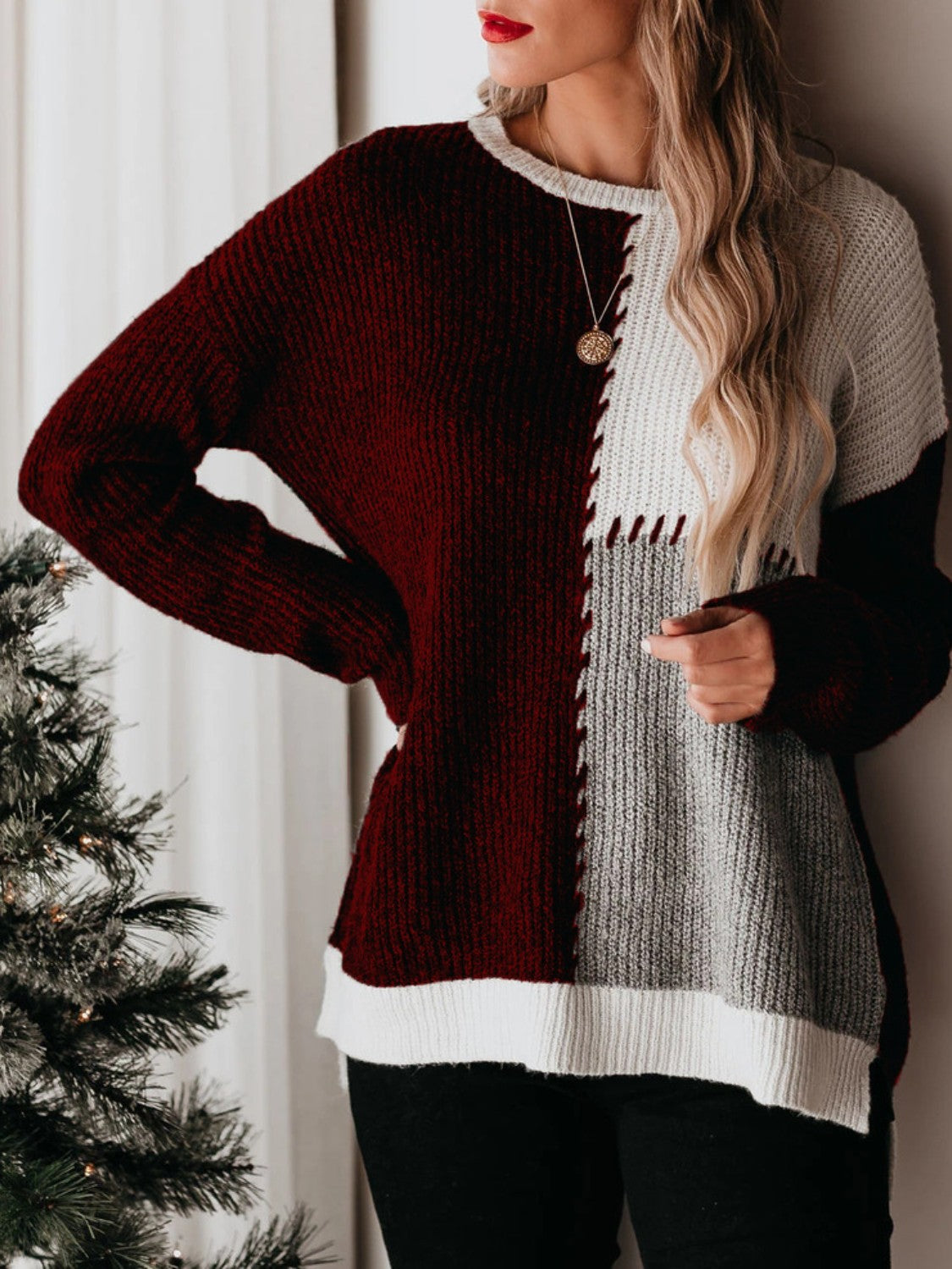 Color Block Round Neck Long Sleeve Sweater Burgundy