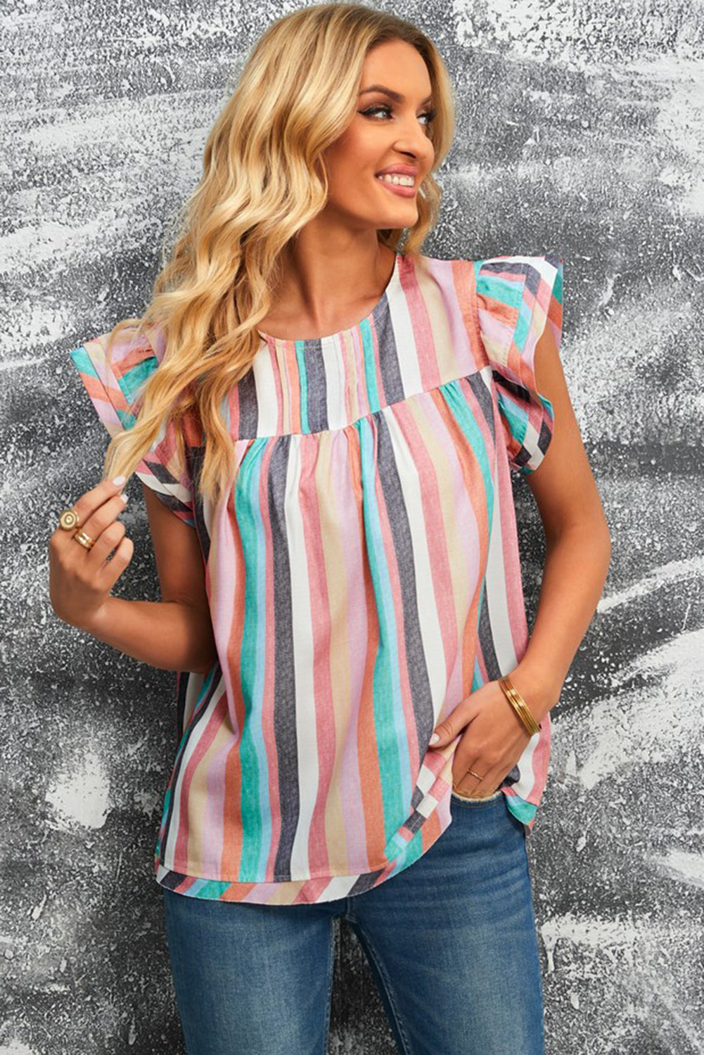 Multicolored Stripe Flutter Sleeve Blouse