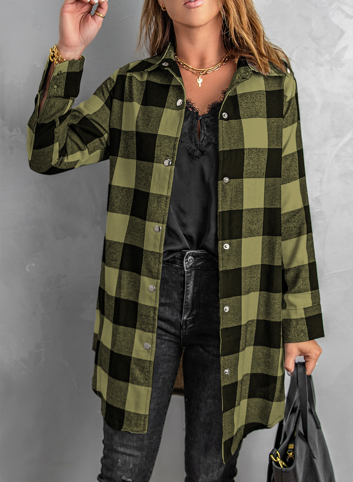 Green Turn-down Collar Plaid Shirt Coat Green 95%Polyester+5%Elastane