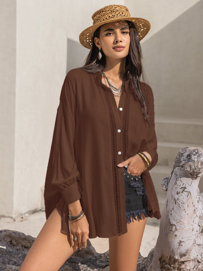 Openwork Button Up Long Sleeve Shirt Chocolate