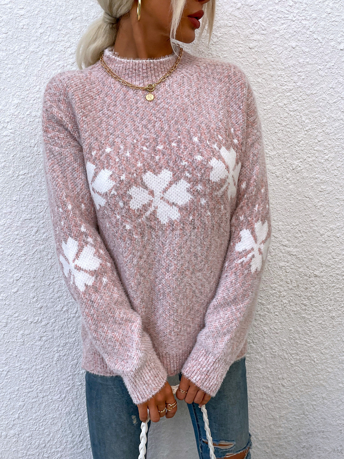 Four Leaf Clover Mock Neck Sweater Dusty Pink