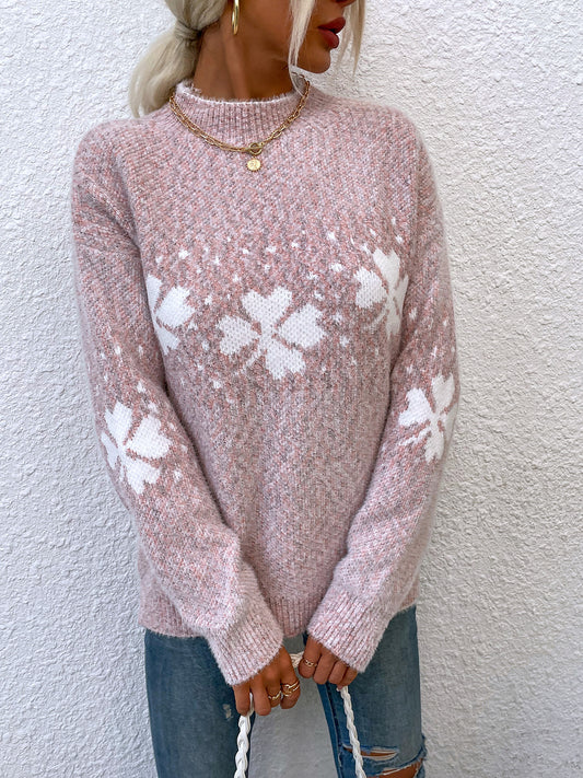 Four Leaf Clover Mock Neck Sweater Dusty Pink