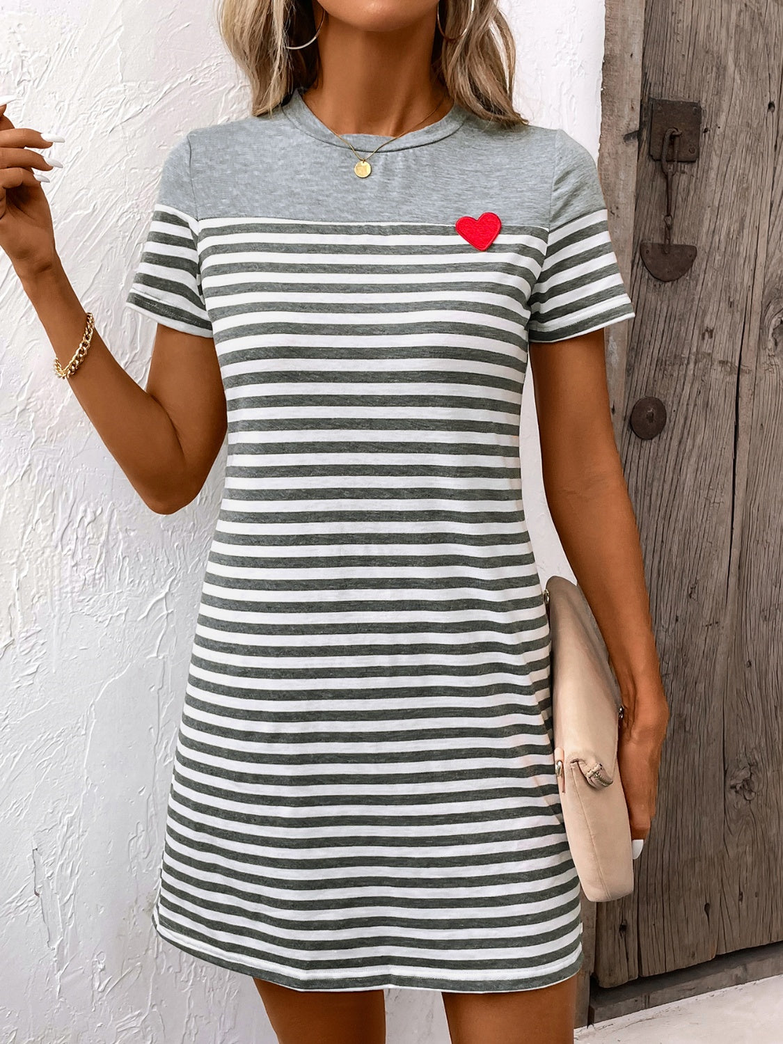 Striped Round Neck Short Sleeve Mini Dress Gray