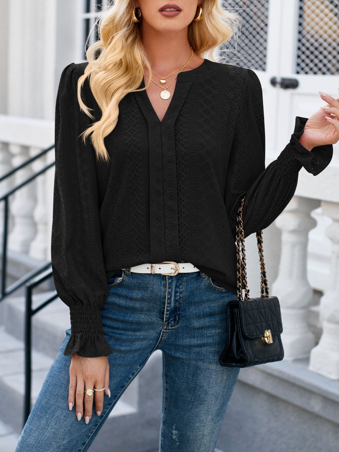 Eyelet Notched Flounce Sleeve Blouse Black