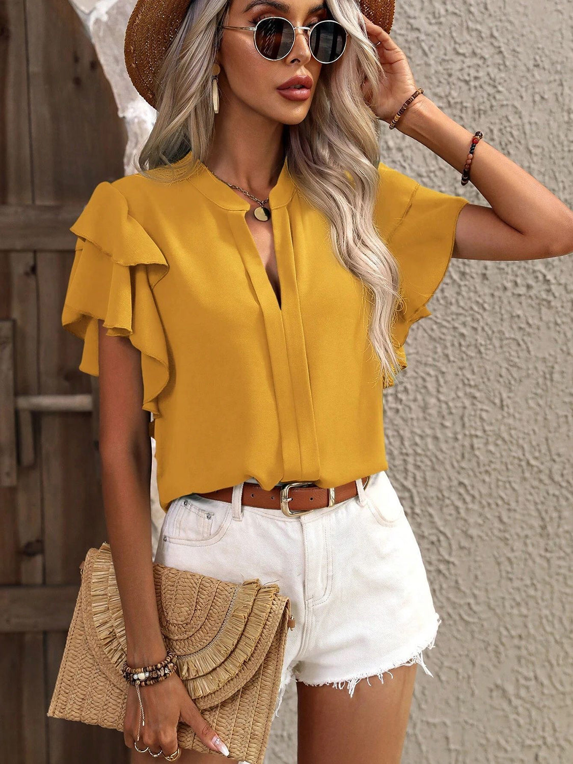 Ruffled Notched Short Sleeve Blouse - Thandynie