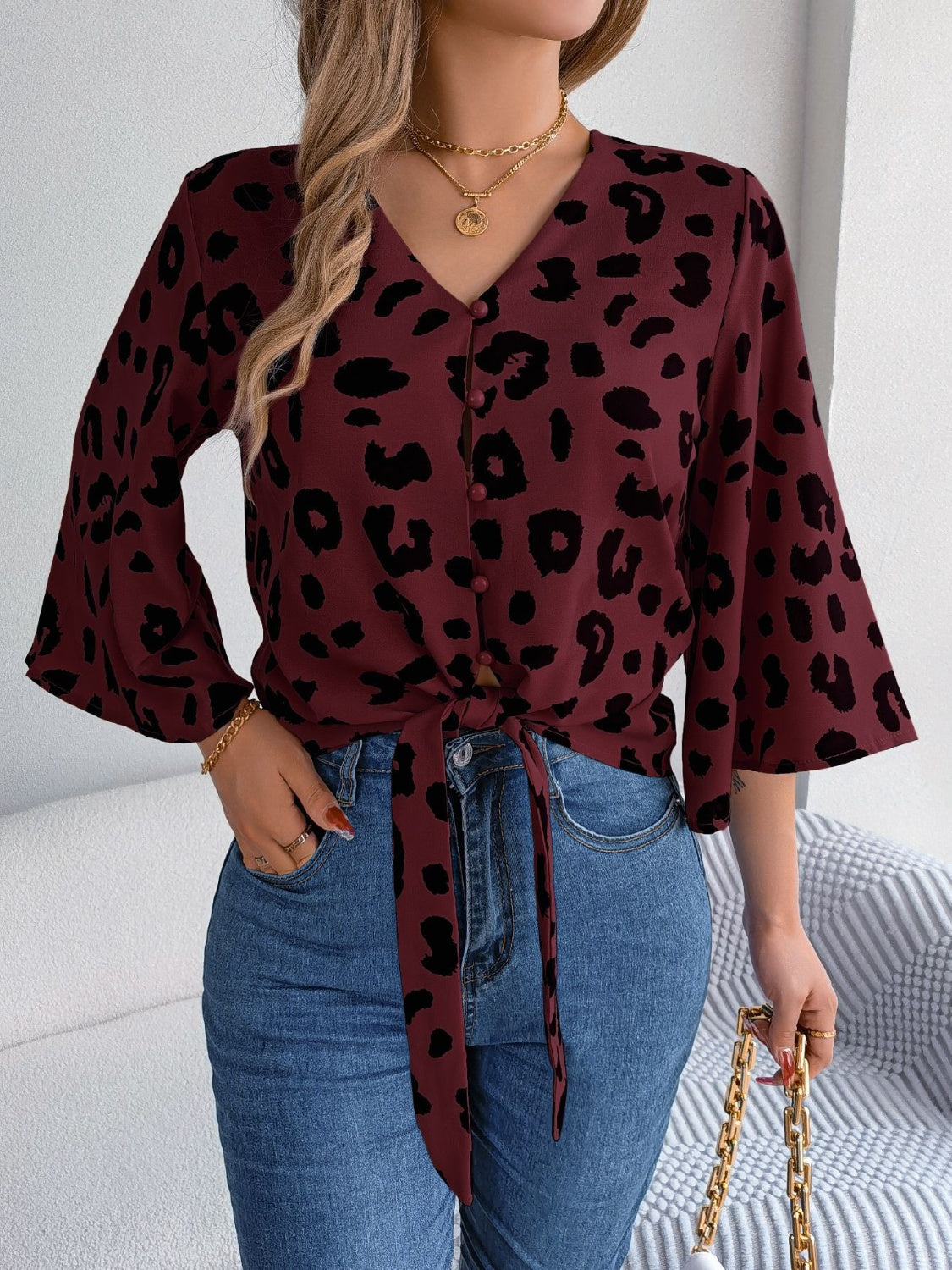 Tied Button Up Leopard V-Neck Blouse Burgundy