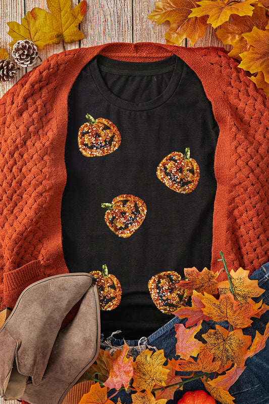 Black Sequin Pumpkin Face Halloween T Shirt Black 62%Polyester+32%Cotton+6%Elastane