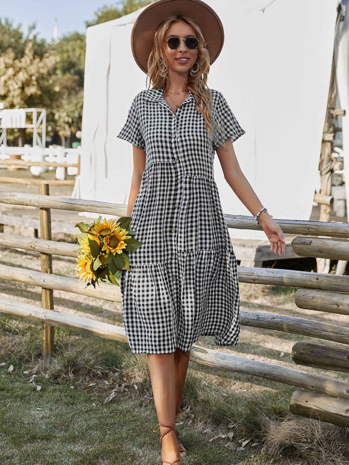 Button Up Plaid Short Sleeve Midi Dress Black