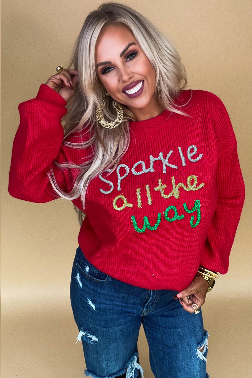 Racing Red Sparkle All The Way Tinsel Crew Neck Plus Size Sweater