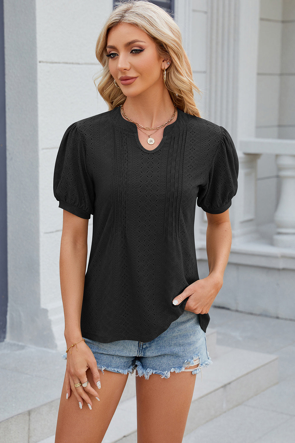 Eyelet Notched Puff Sleeve Blouse Black