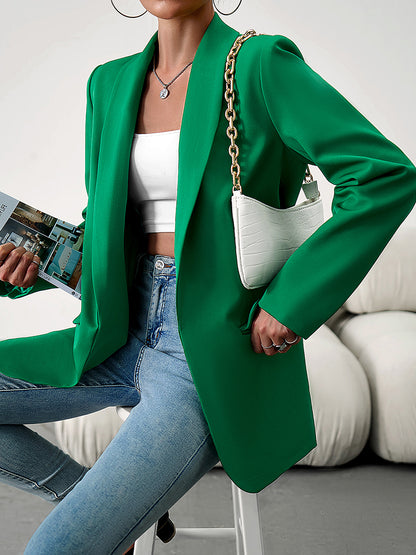 Lapel Collar Long Sleeve Blazer Dark Green