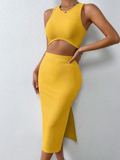 Ribbed Round Neck Tank and Slit Skirt Sweater Set Gold