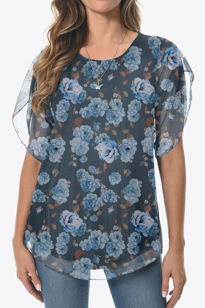 Printed Round Neck Curved Hem Blouse Dusty Blue