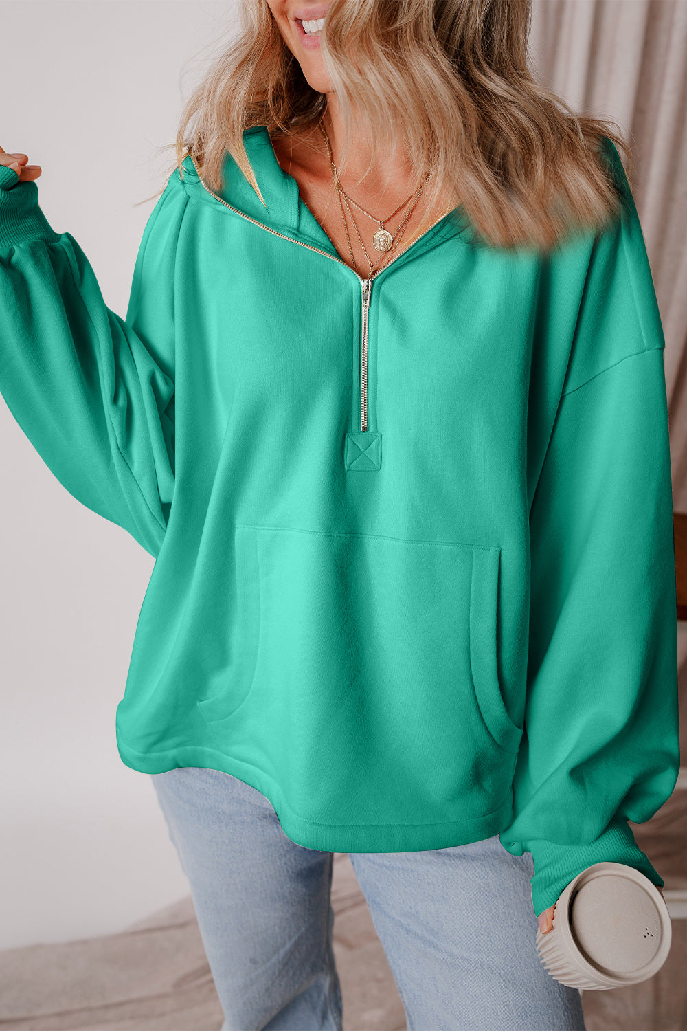 Pocketed Half Zip Dropped Shoulder Hoodie Turquoise