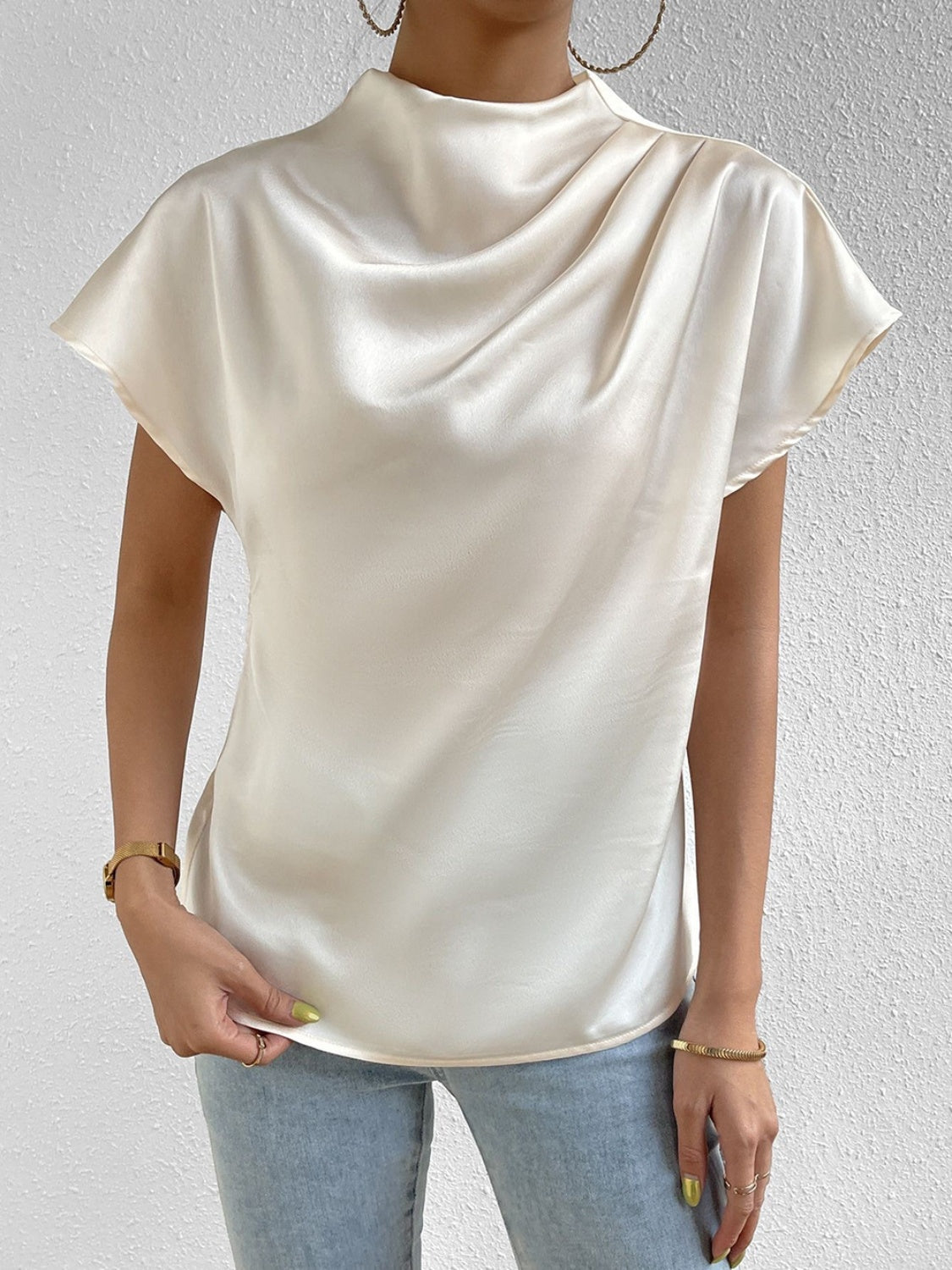 Ruched Mock Neck Short Sleeve Blouse