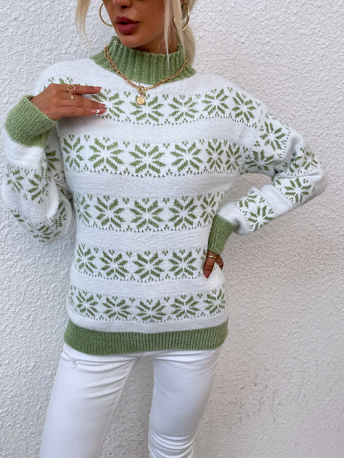 Snowflake Pattern Mock Neck Sweater