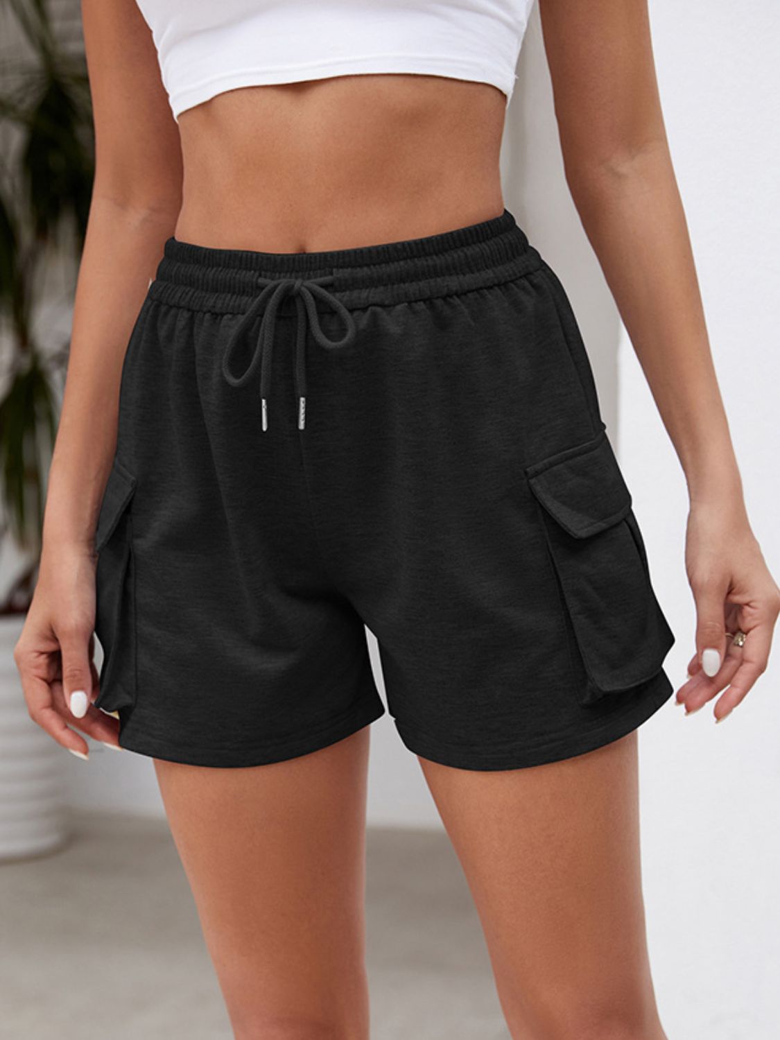 Drawstring Elastic Waist Shorts with Pockets Black