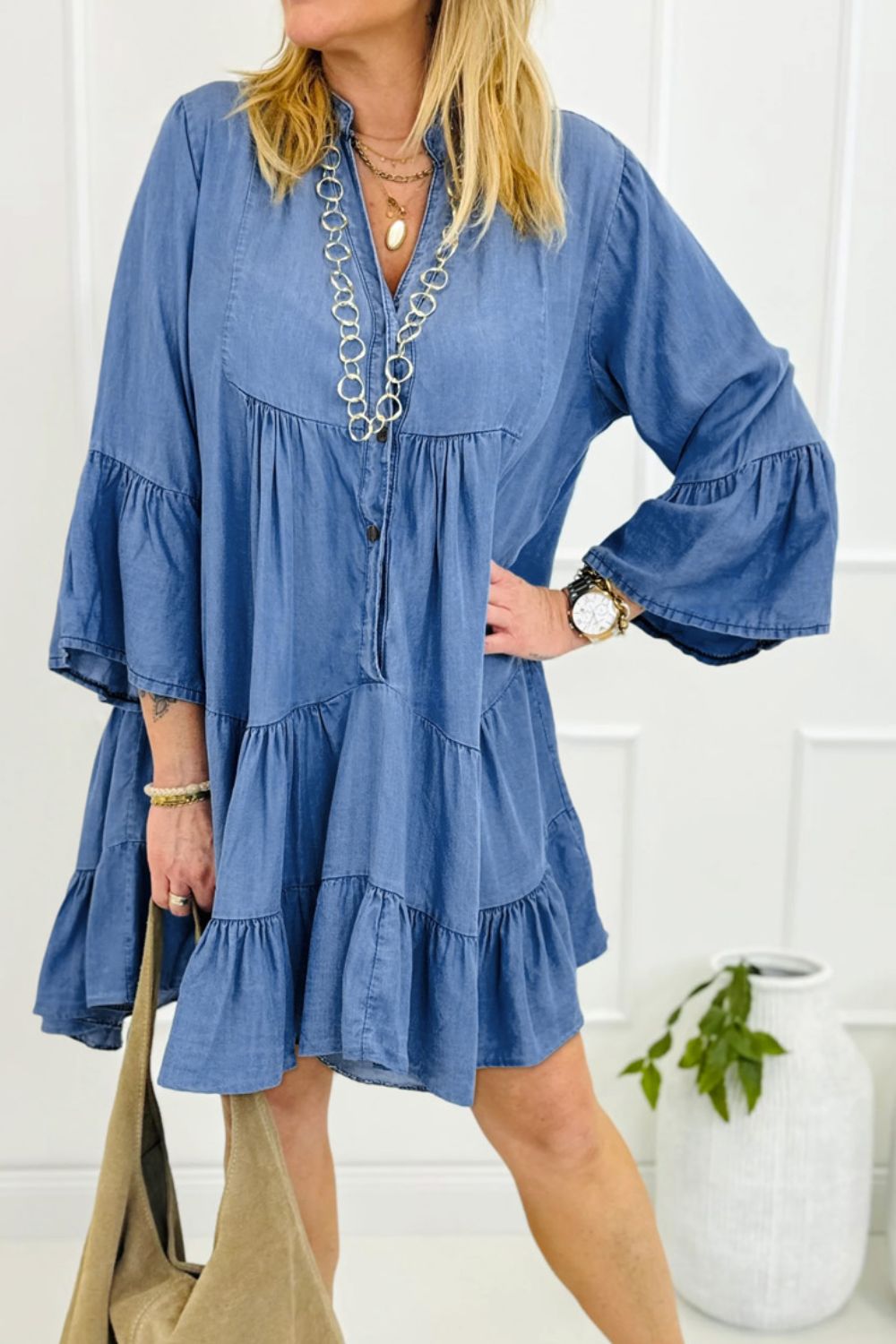 Notched Three-Quarter Sleeve Denim Dress Medium