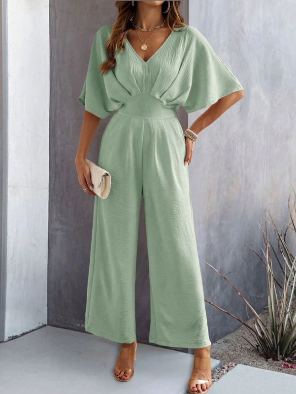 Women's short-sleeved solid color temperament casual wide-leg jumpsuit Olive green