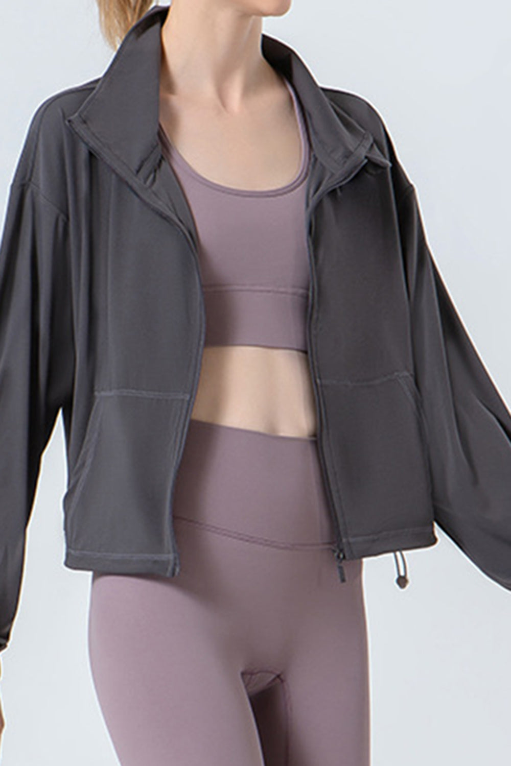 Drawstring Zip Up Dropped Shoulder Active Outerwear Dark Gray