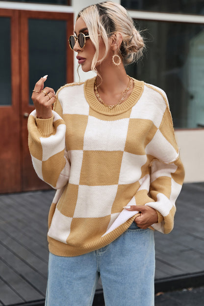 Checkered Exposed Seam Drooped Shoulder Sweater Tan