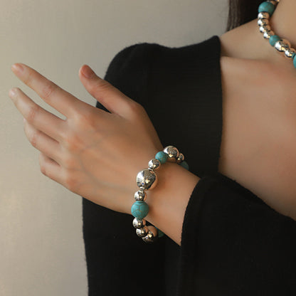 Artificial Turquoise Alloy Beaded Bracelet Silver One Size