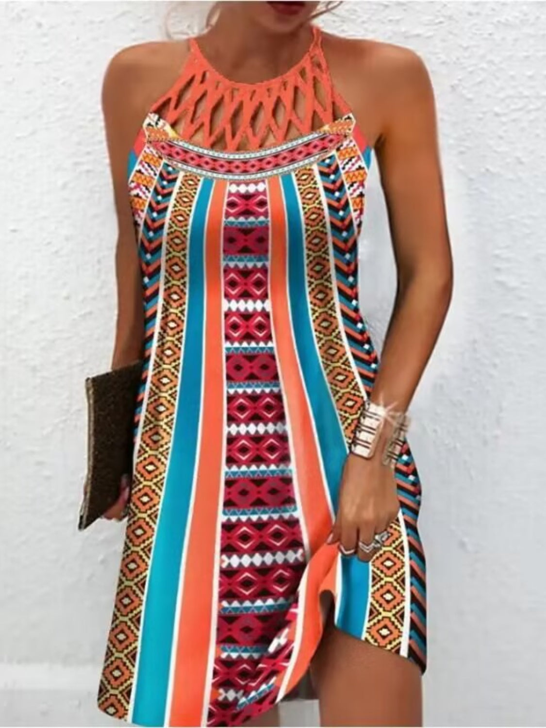 Printed Grecian Neck Mini Dress Multicolor