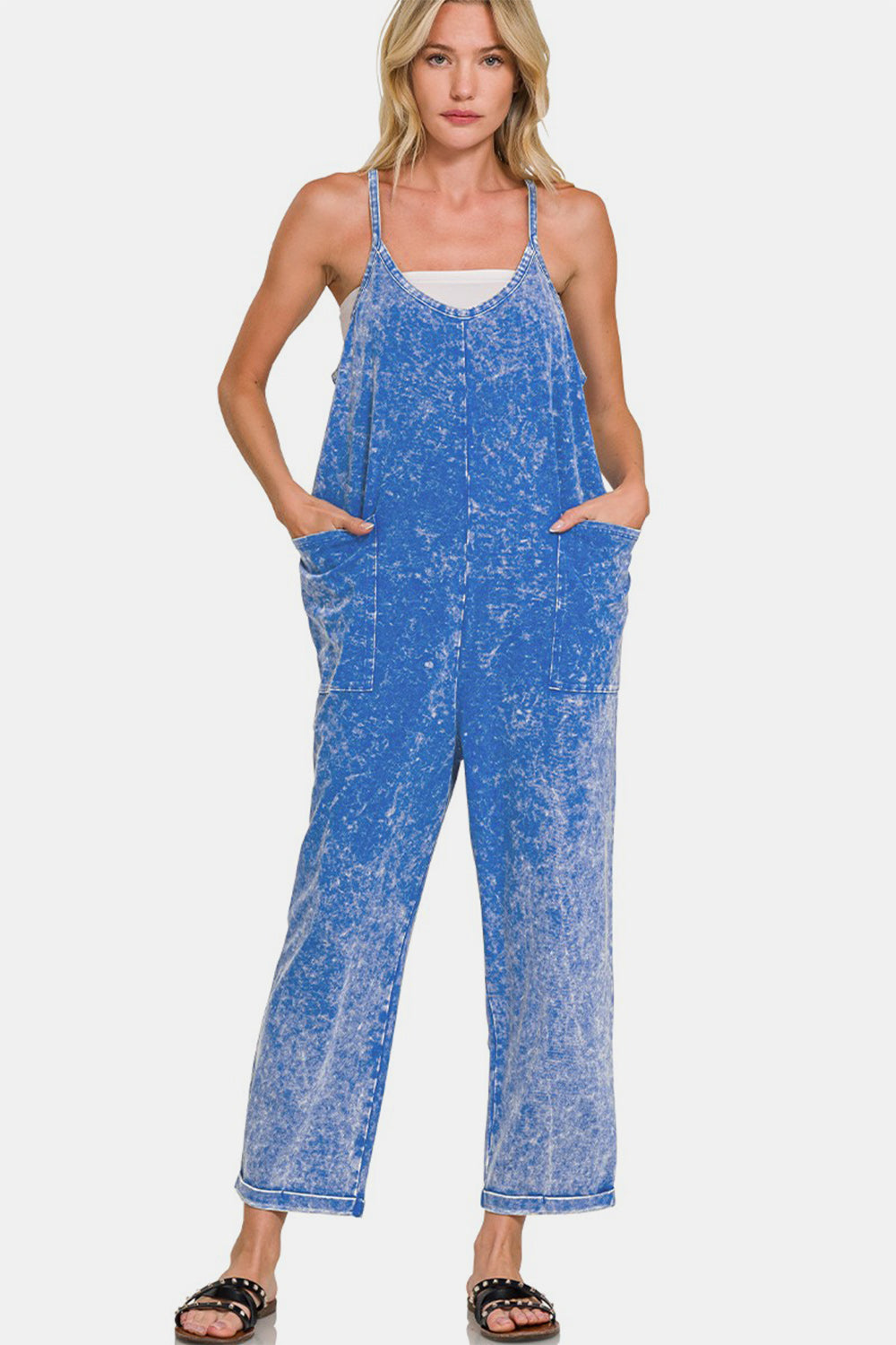 Zenana Washed Spaghetti Straps Overalls with Pockets Classic Blue