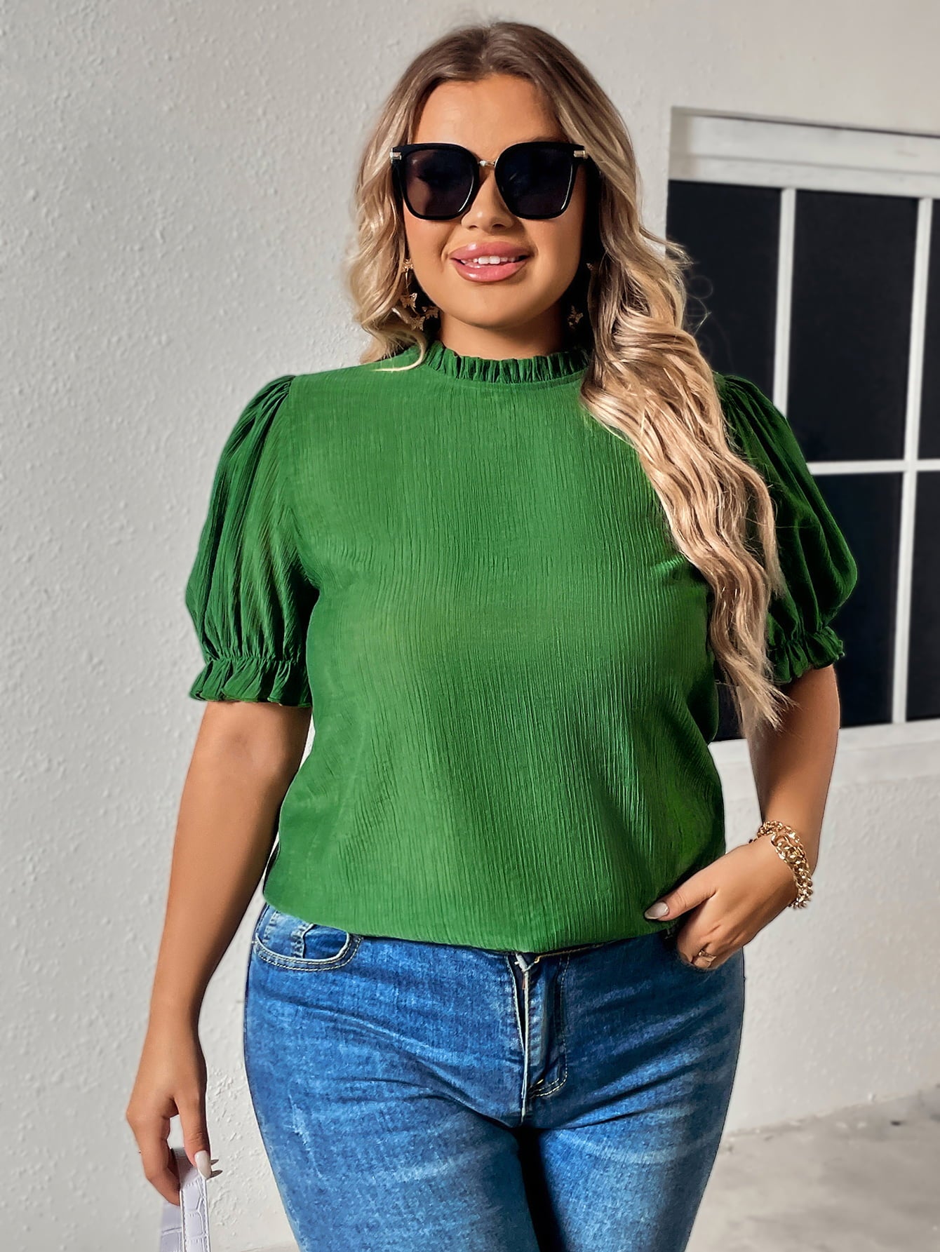 Plus Size Round Neck Flounce Sleeve Blouse Mid Green