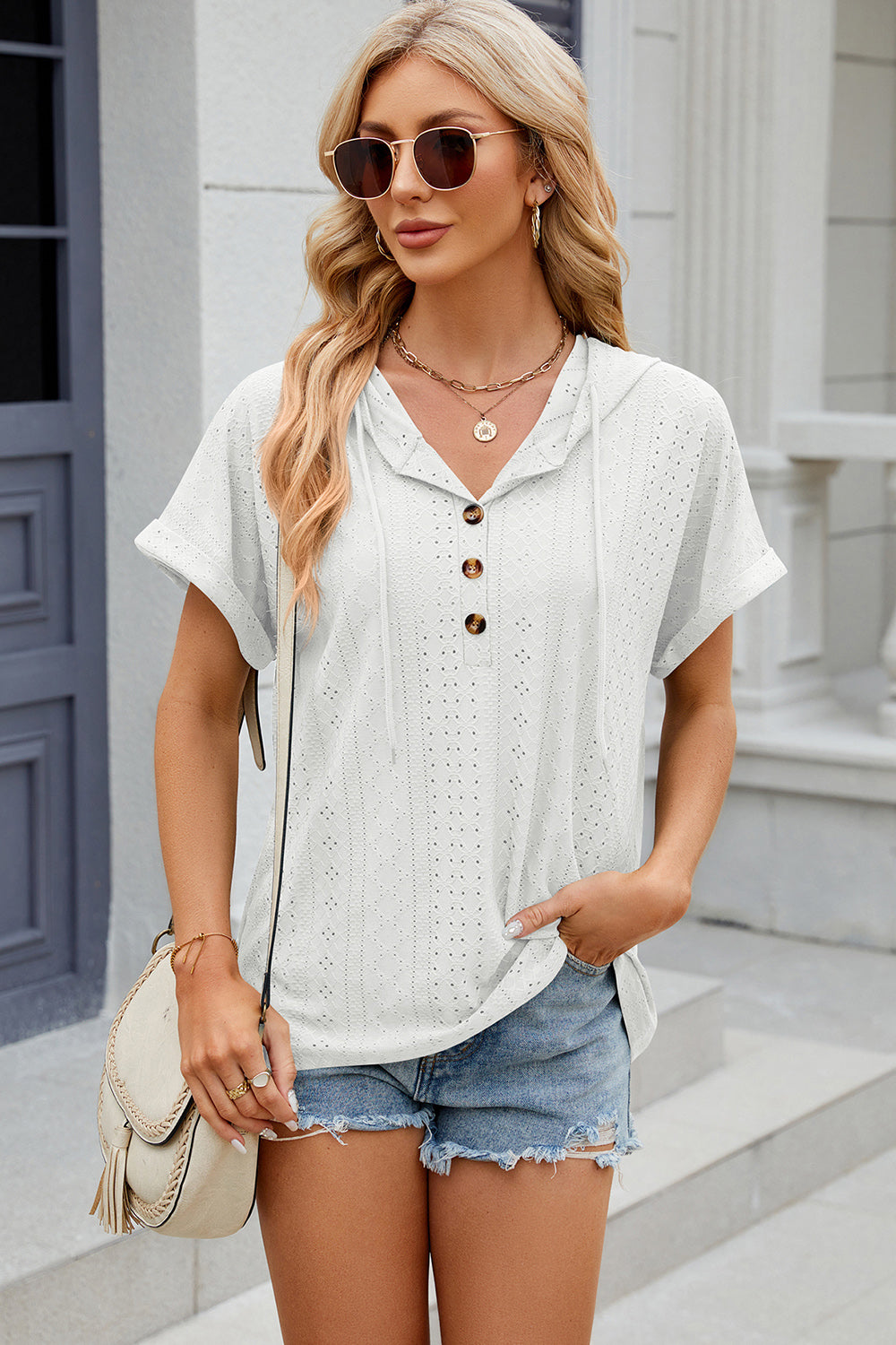 Eyelet Drawstring Hooded Short Sleeve Blouse White