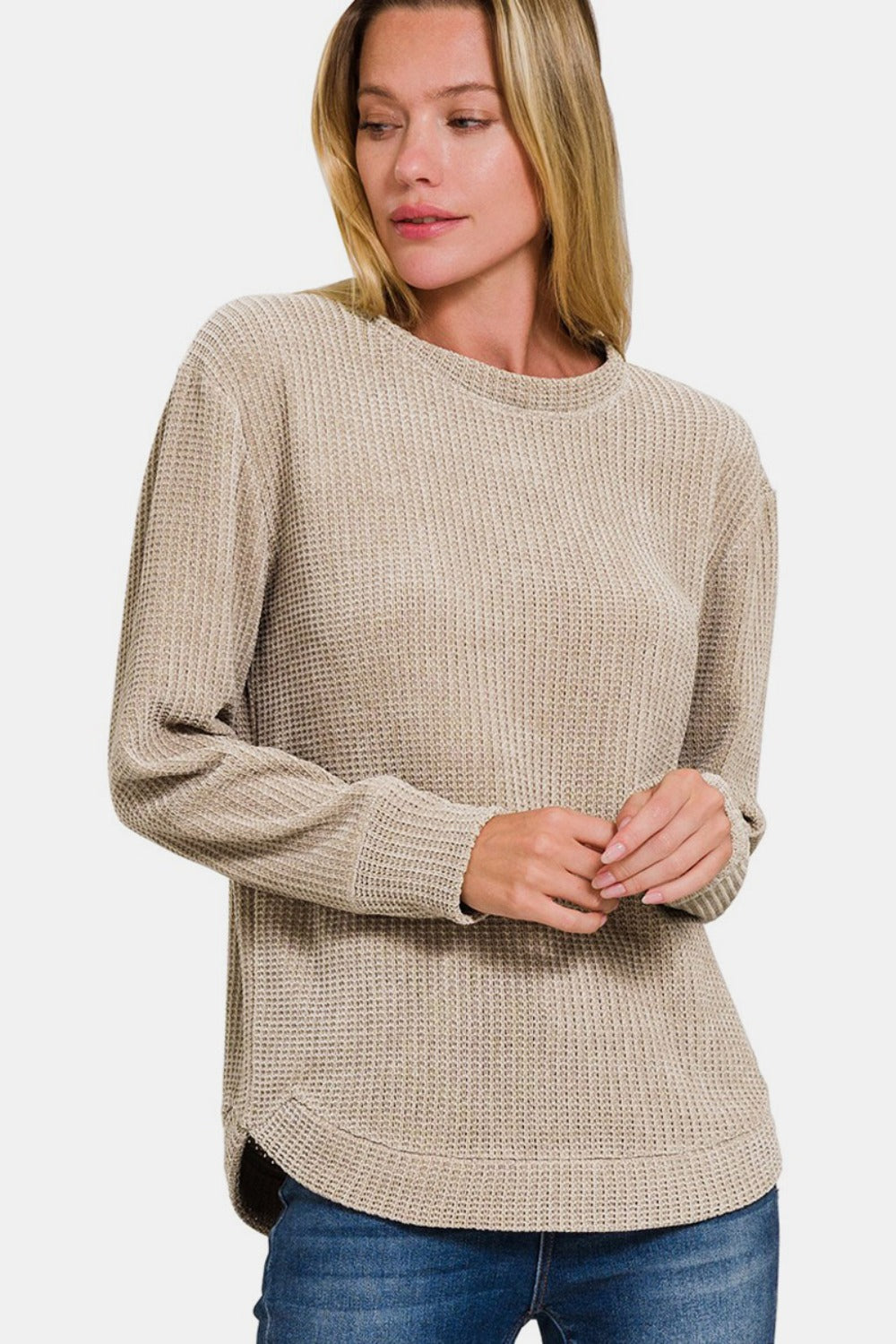 Zenana Chenille Waffle Round Neck Sweater Ash Mocha