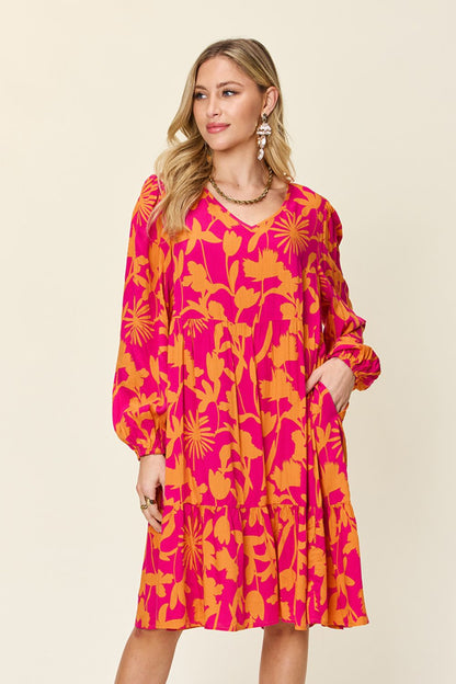 Double Take Full Size Printed Ruffle Hem Long Sleeve Dress Hot Pink