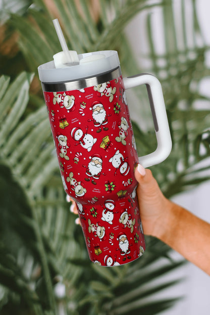 40oz Fiery Red Christmas Print Handled Stainless Steel Tumbler