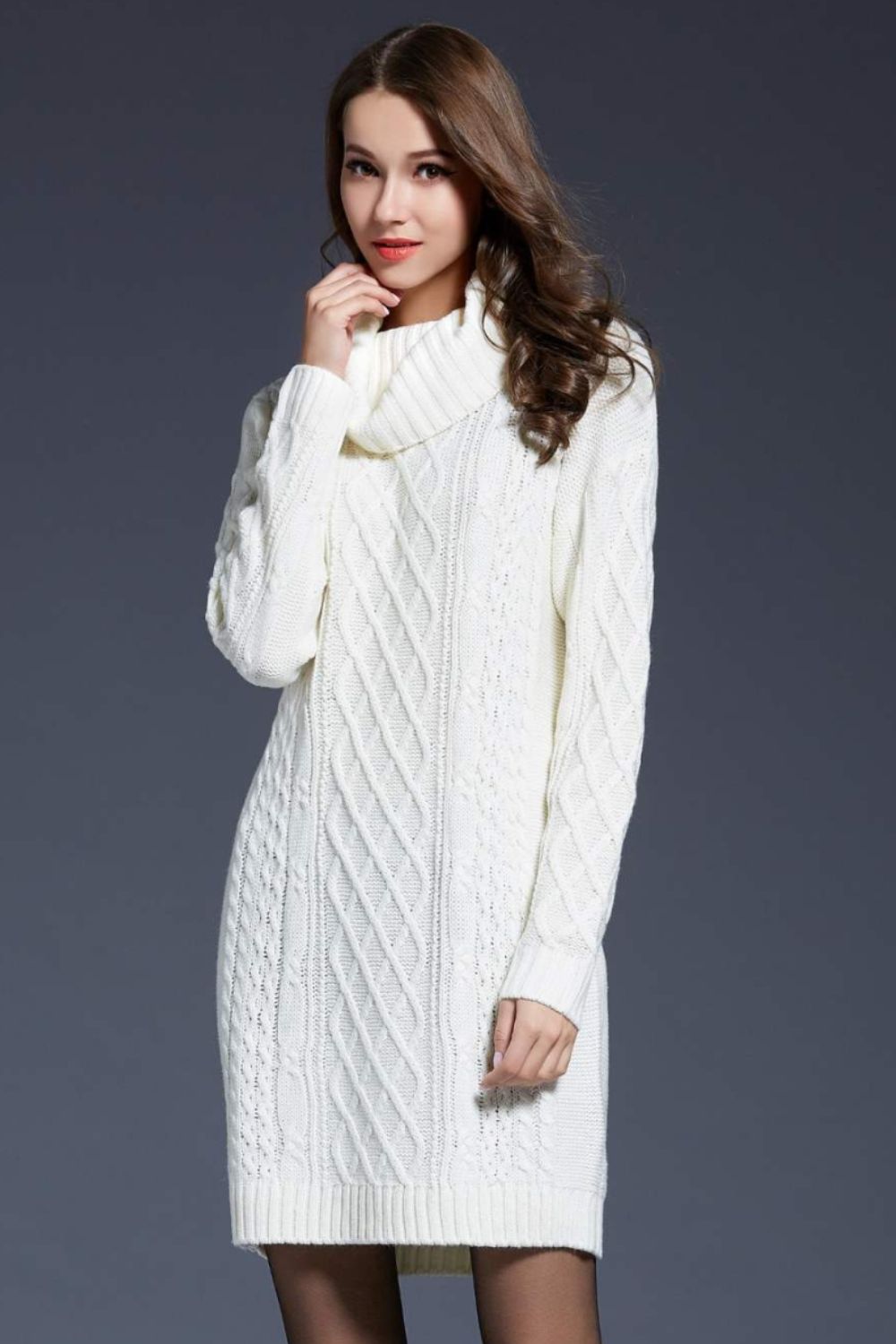 Woven Right Full Size Mixed Knit Cowl Neck Dropped Shoulder Sweater Dress White