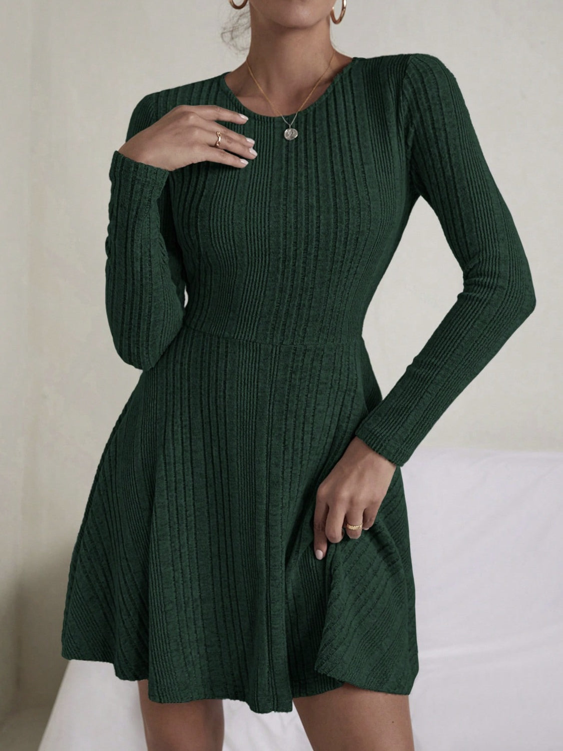 Textured Round Neck Long Sleeve Dress Black Forest