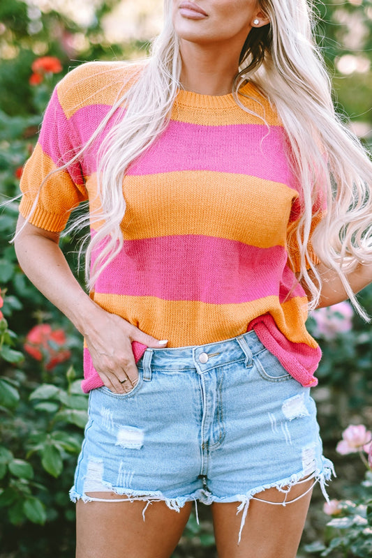 Color Block Round Neck Short Sleeve Knit Top Fuchsia Pink