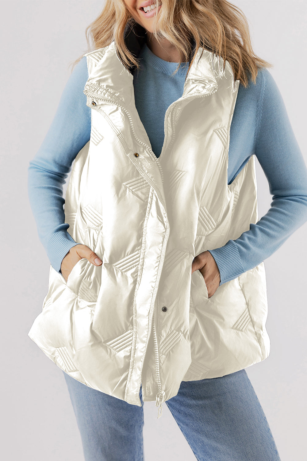 White Quilted High Neck Zip Up Jacket Vest White 100%Polyamide