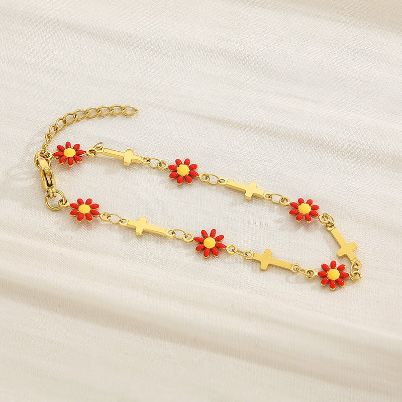 Flower & Cross Stainless Steel Bracelet Red One Size