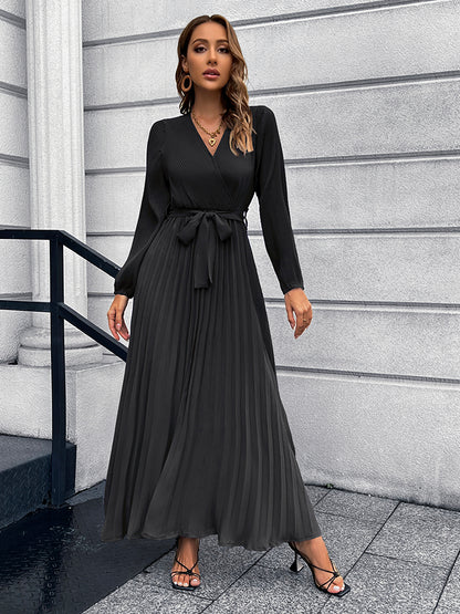 V-Neck Tie Waist Pleated Maxi Dress Black