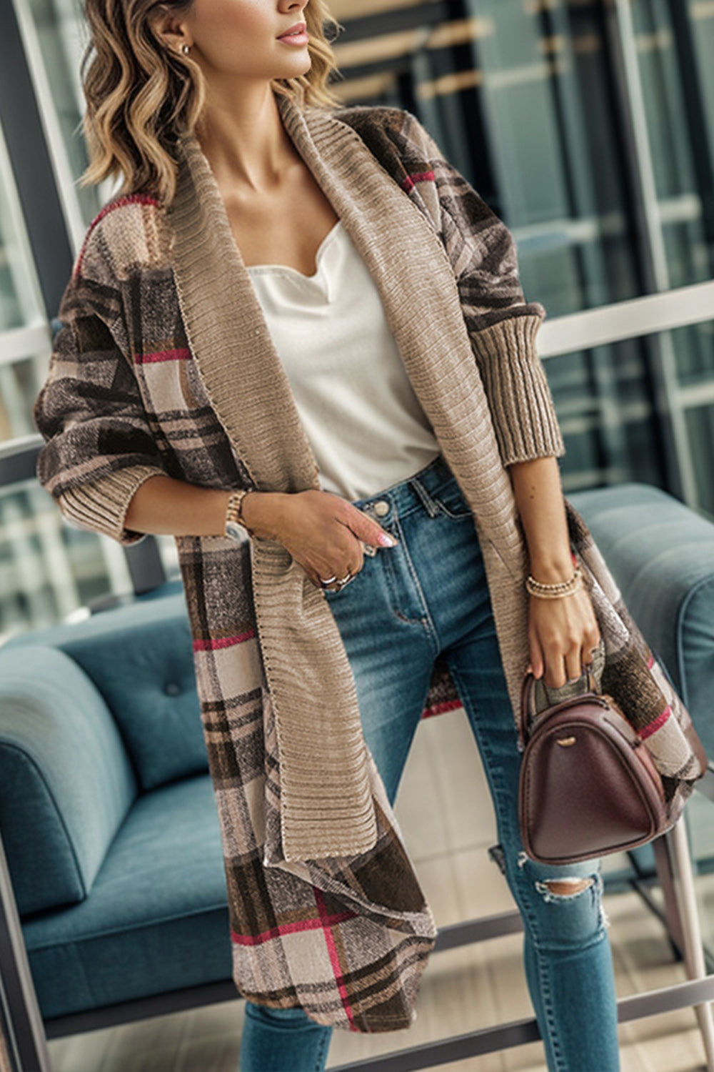 Plaid Open Front Long Sleeve Cardigan - Thandynie