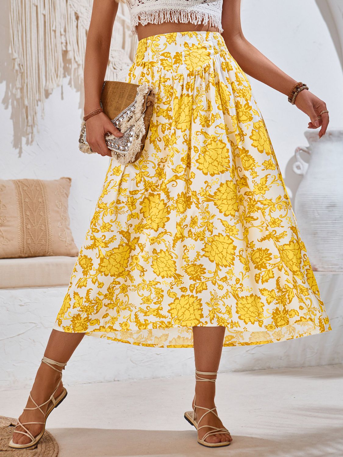 Printed Elastic Waist Midi Skirt Yellow