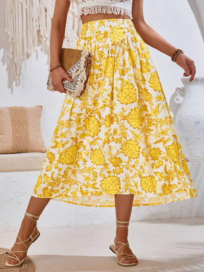 Printed Elastic Waist Midi Skirt Yellow