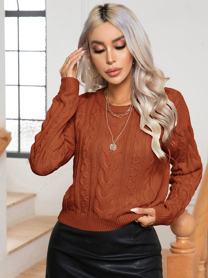 Cable-Knit Round Neck Long Sleeve Sweater Caramel