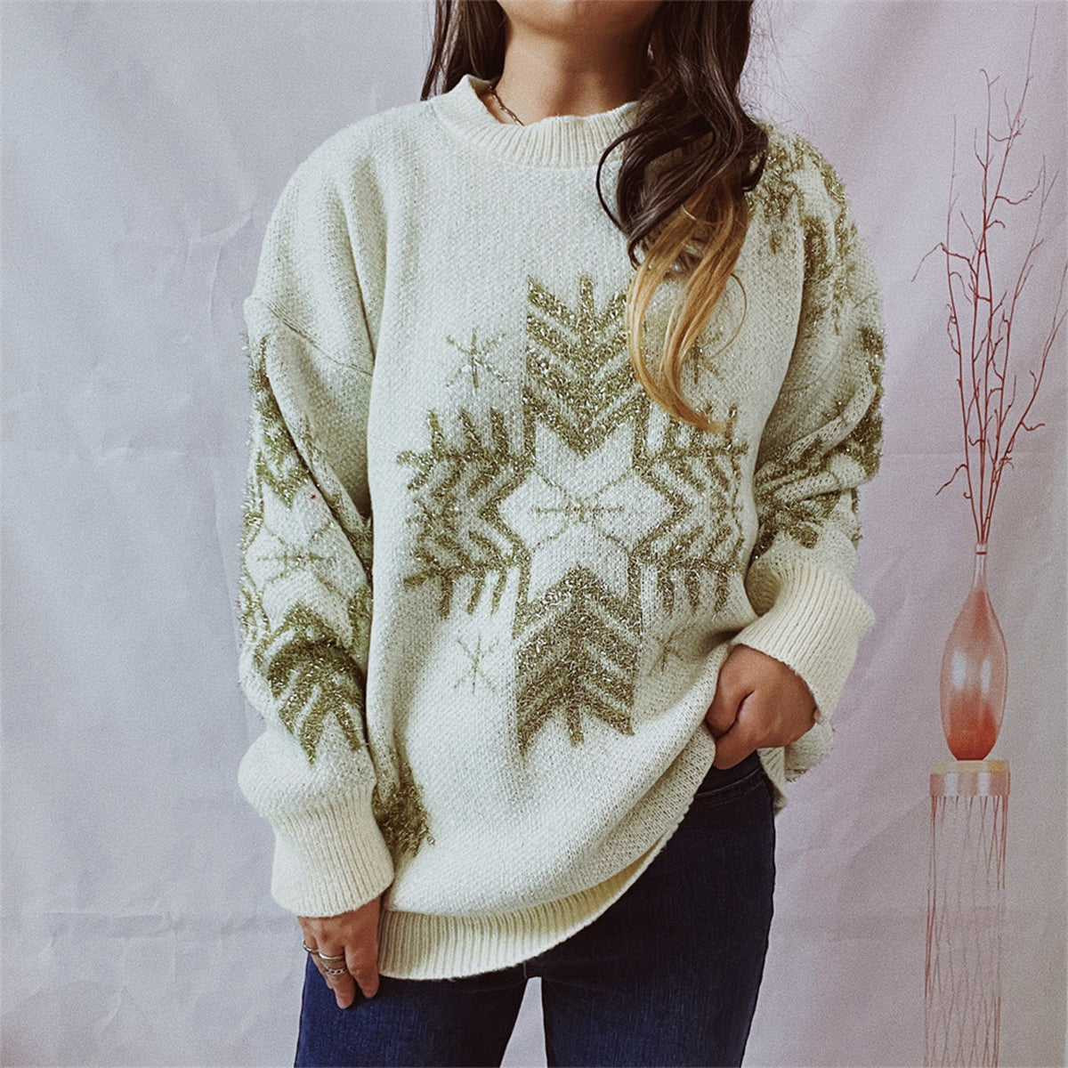 Snowflake Pattern Long Sleeve Sweater Cream