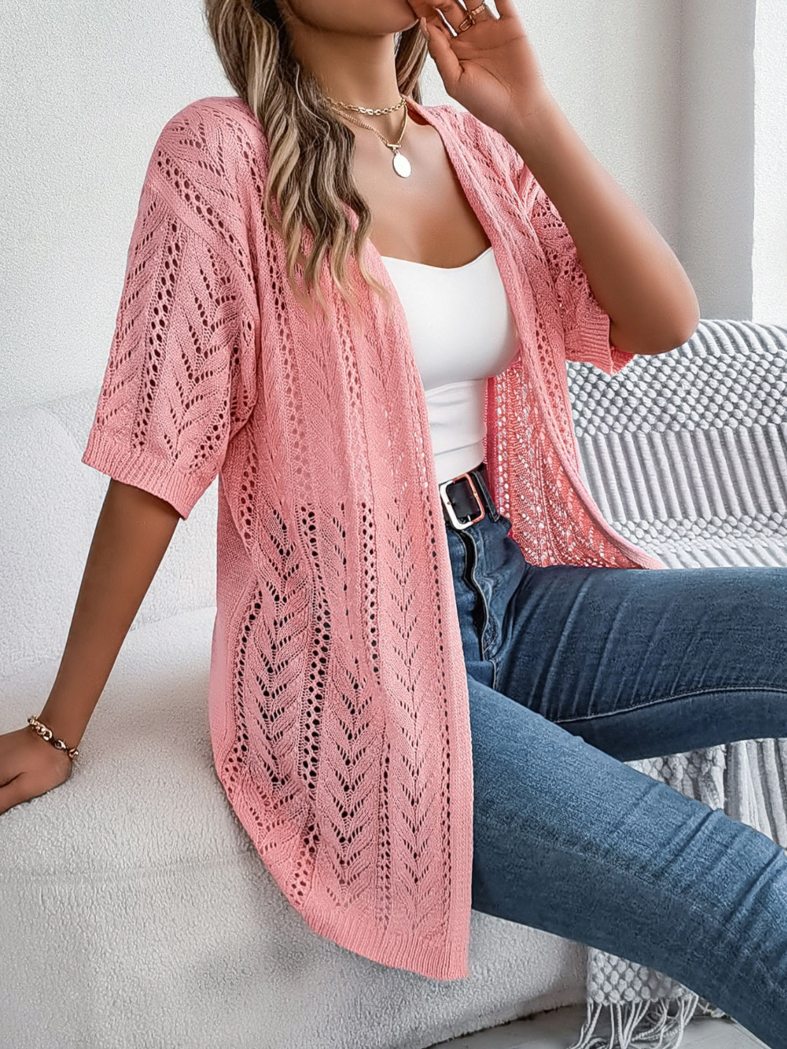 Openwork Open Front Half Sleeve Cardigan - Thandynie