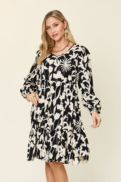 Double Take Full Size Printed Ruffle Hem Long Sleeve Dress Black