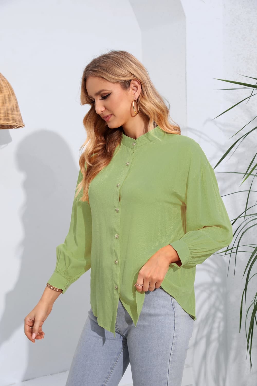 Mock Neck Buttoned Long Sleeve Shirt - Thandynie