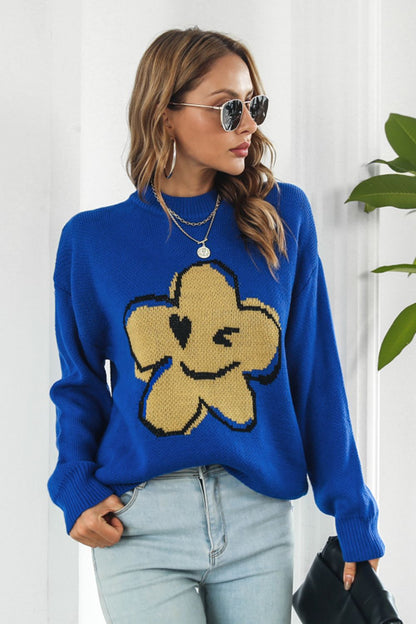 Flower Graphic Drop Shoulder Sweater Royal Blue