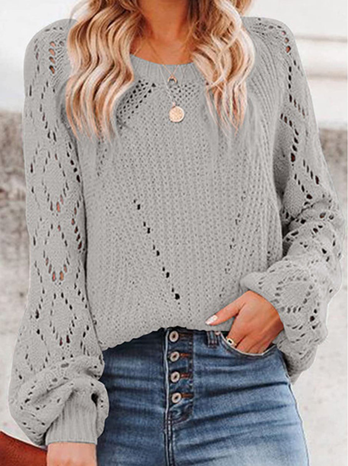 Openwork Round Neck Lantern Sleeve Sweater Gray