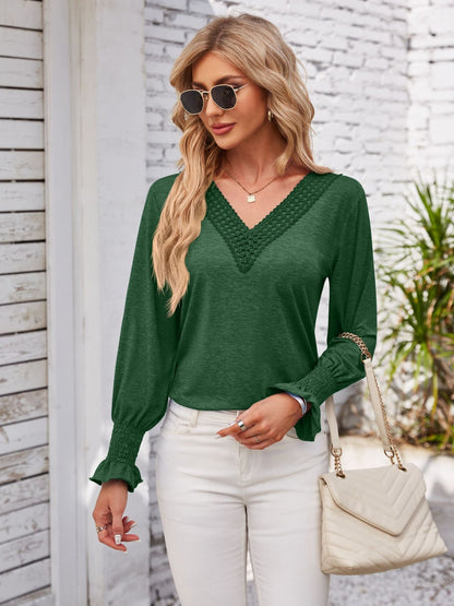 Smocked V-Neck Long Sleeve Blouse Dark Green